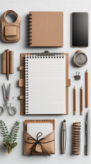 Stationery items flat lay with plain paper