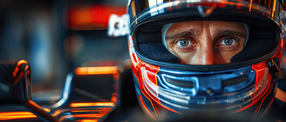 Obraz premium portrait of a male Formula One racer pilot in helmet in a racing car F1