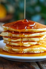 Delicious breakfast, pancakes with butter and sweet syrup.