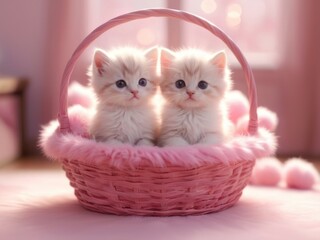 Cute little kitten sleeping in basket with beautiful pink flowers. P