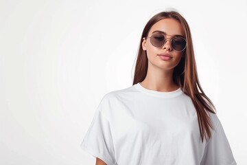A young woman in a white t shirt on a white background.