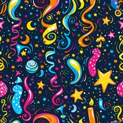 Seamless pattern of colorful stars and swirling patterns, creating a dynamic and lively visual design for Happy Birthday celebration