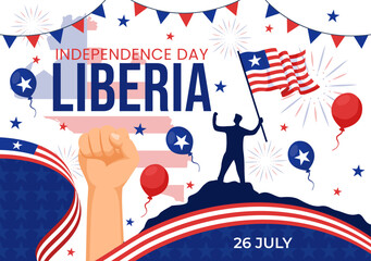 Happy Liberia Independence Day Vector Illustration on July 26 with Waving flag and Ribbon in National Holiday Flat Cartoon Background Design