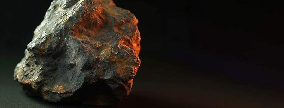 Masuyite Uraninite fossil mineral stone. Geological crystalline fossil. Dark background close-up.