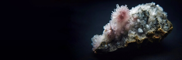 Picropharmacolite is a rare precious natural stone on a black background. AI generated. Header banner mockup with space.