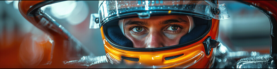 Obraz premium male driver Formula One racer pilot in helmet in a racing car F1 driving on track at a race competition