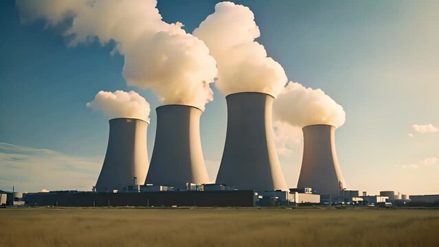 Aerial footage of nuclear power plant or nuclear power station a thermal power station in which the heat source is a nuclear reactor this plant is located in a heavy industrial zone 4k quality Cooling