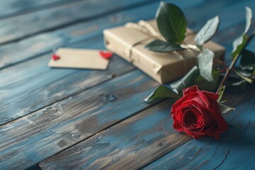 red rose on blue wood table with gift and valentines day paper card, shallow focus