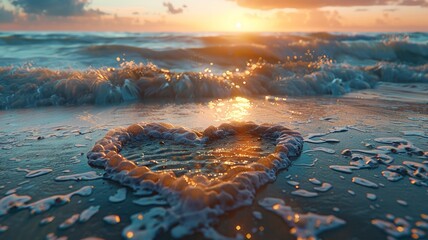 Sunset romance on the beach with heart shape drawn in the shimmering sandy shore - obrazy, fototapety, plakaty