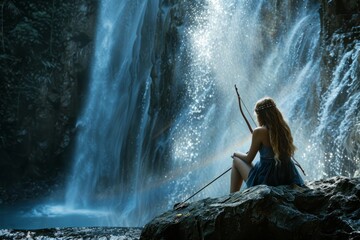 Woman sitting with a hunting bow in front of a waterfall - obrazy, fototapety, plakaty