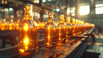 Amber glow in bottling factory with rows of glass bottles