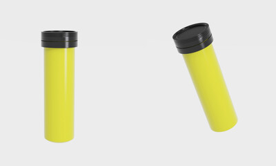 Round matte aluminum tube with cap for effervescent or carbon tablets, pills, vitamins. Realistic packaging. 3d Illustration