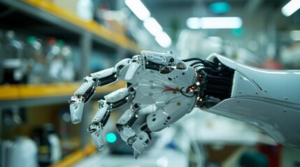 Fototapeta premium Close-up of a robotic arm with intricate design and advanced mechanics, symbolizing cutting-edge automation technology in a manufacturing environment.