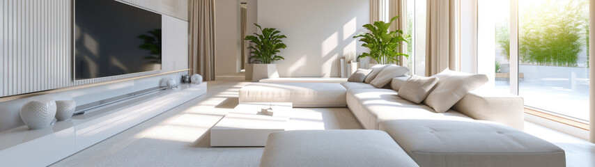 Modern large living room with a corner a curved white couch and a white rectangle table near a blank TV unit on white panel wall texture. Panoramic window on tropics
