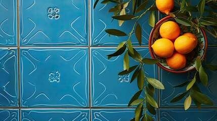 Olive branch and lemon on background of blue ceramic tiles. Empty copy of space and template. AI Generated. Middle Eastern ingredients and citrus fruits - Powered by Adobe