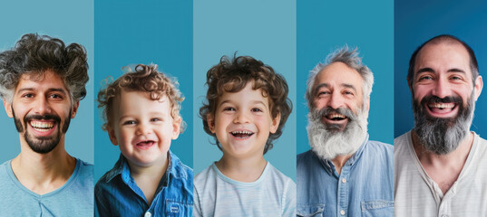 A vertical split photo of the same person at different ages, from baby to adult with a blue background, showing age progression in each panel
