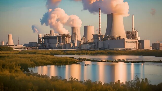 Aerial footage of nuclear power plant or nuclear power station a thermal power station in which the heat source is a nuclear reactor this plant is located in a heavy industrial zone 4k quality Cooling