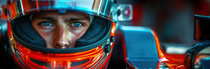 Fototapeta premium portrait of a man Formula One racer pilot in helmet in a racing car F1 at race competition