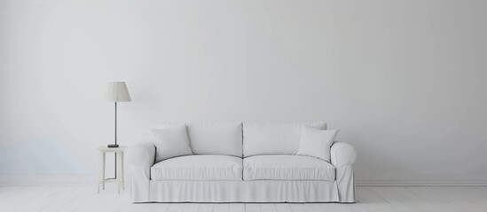 White couch in a room with a lamp - obrazy, fototapety, plakaty