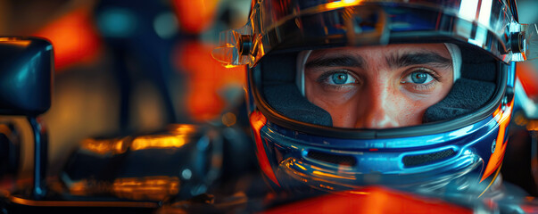 portrait of male driver Formula One racer in helmet in racing car F1 driving at race competition