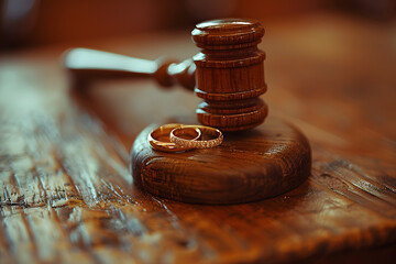 Two gold wedding rings in front of a judge's gavel on a wooden surface. Legal and matrimonial concept for divorce law and marriage dissolution proceedings