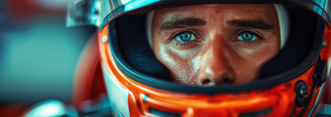 portrait of a man Formula One racer pilot in helmet in a racing car F1 driving on track at a race competition