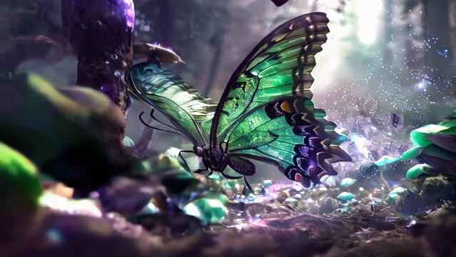 Fluttering in swarms through a deep forest, beautiful butterflies in emerald green hues. Colorful mushrooms sprout from the ground, evoking an air of enchantment. 