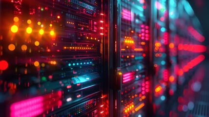 Server racks with blinking lights in a data center - obrazy, fototapety, plakaty