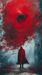 A man in red cape standing under the center of an extremely large dark vortex, red paint splashes everywhere. Fantasy art painting, dark background, horror atmosphere. - obrazy, fototapety, plakaty