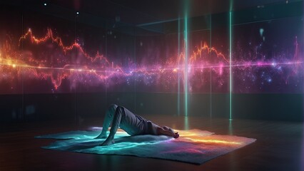 Transcending Boundaries: Edited Illustration of a Girl , Transcending into Positive Energy in a Holographic Room Abstract Environment