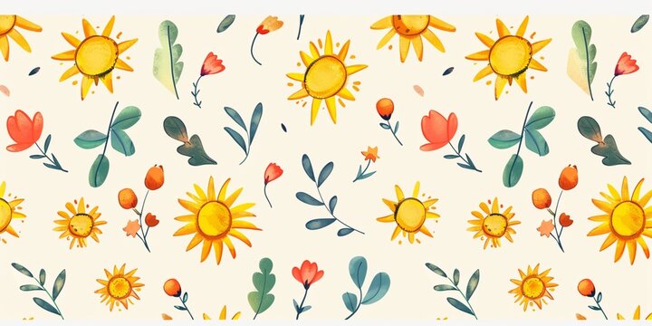 graphic of sunny day, seamless pattern, colorful flowers