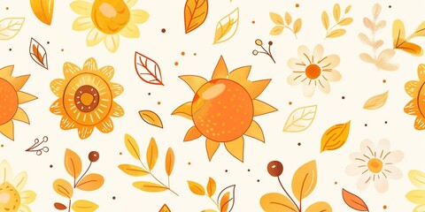 graphic of sunny day, seamless pattern, white background, colorful flowers