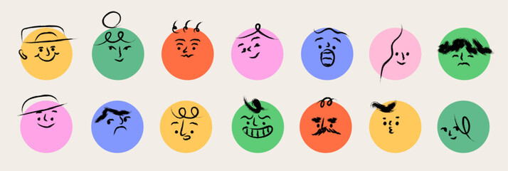 Round abstract comic faces design with different feelings and emotions. Crayon textured drawing. Different colorful characters in cartoon brush stroke style. Hand drawn trendy flat vector illustration © KPstudio