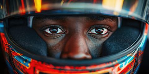 Fototapeta premium portrait of black man pilot Formula One racer in helmet in a racing car F1 on track at a race competition