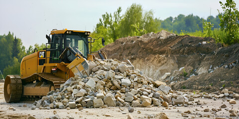 Obraz premium Road grader at the construction site Powerful construction machine for ground leveling and excavation Closeup Professional construction equipment