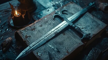 Ancient tome and sword on an old wooden table