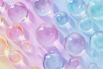 Round drops of transparent gel serum on a pastel background.	
