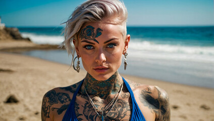 beautiful woman with tattoos wearing bikini on the beach in the summer