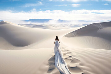 a woman in a white dress walks along the ridge of a sand dune in the desert