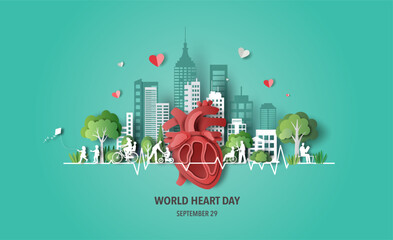World Heart Day concept: every activity encourages a healthy heart, paper illustration, and 3d paper.