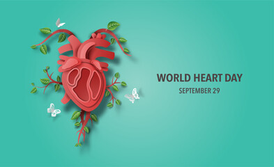 World Heart Day concept, beautiful leaves, and butterflies decorate the human heart, paper illustration, and 3d paper.