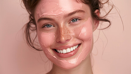 Beauty brunette young (teenage) woman with cream on face. Skin care model. Empty background