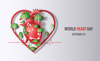 World Heart Day concept: people relaxing in the garden with a heart-framed background.