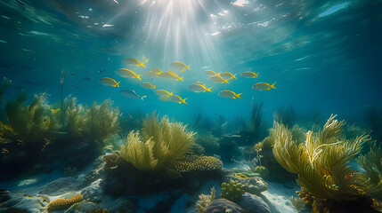 Fototapeta na wymiar School of yellow fish swimming over seabed with algae. Underwater seascape with sunlight. Marine life ecosystem concept for design and print. Wide angle shot with natural lighting