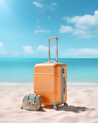 summer travel  background with orange suitcase on the beach