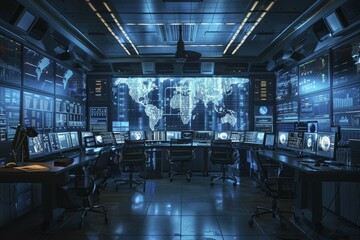 AI enhanced security operations center, wide interior shot showing analysts monitoring for anomalies.