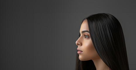 A woman with long, straight hair is looking at the camera. The image has a moody, dramatic feel to it. Profile portrait of a beautiful brunette woman with long straight hair on a dark gray background - obrazy, fototapety, plakaty