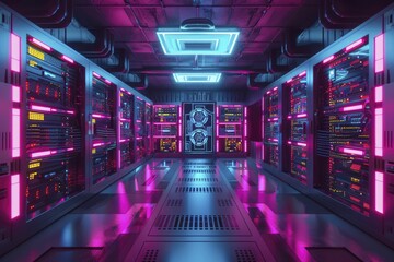 Cryptocurrency mining farm, wide interior shot showcasing rows of mining rigs with vibrant LED lights. - obrazy, fototapety, plakaty