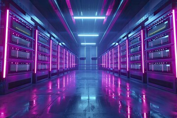 The cryptocurrency mining farm displayed a mesmerizing array of mining rigs illuminated by vibrant LED lights across its wide interior. - obrazy, fototapety, plakaty