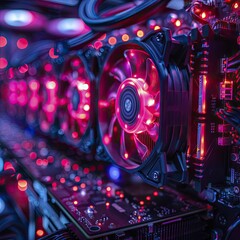 Fototapeta na wymiar Cryptocurrency mining rig close up, focusing on the graphics cards and cooling systems with techy ambiance.